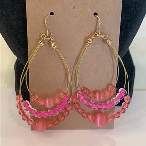 💐6/25 wire teardrop pink beaded dangle 3 layer